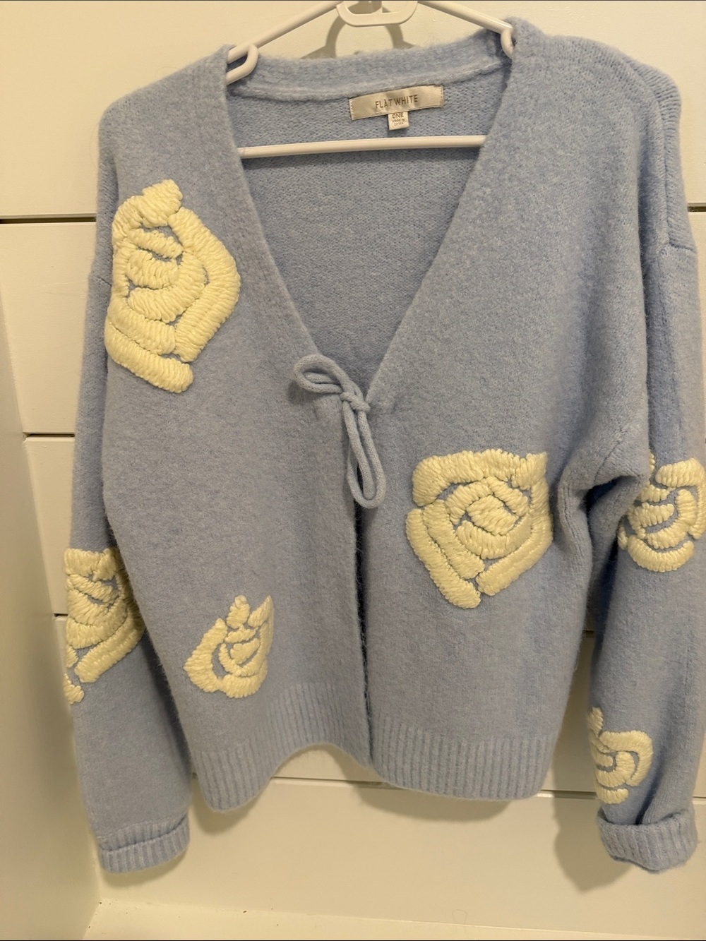 Anthropologie Pale Blue Cardigan with Cream Rose Appliqués